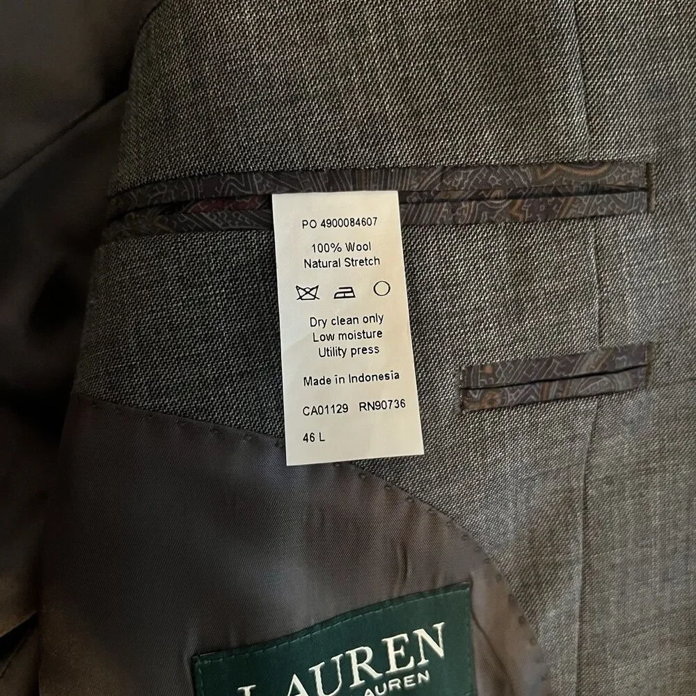Lauren Ralph Lauren Solid Gray Sport Coat Blazer 2 Button Size 46L Wool EUC
